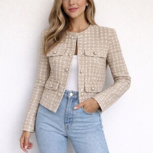 Rachel Zoe Tweed Boucle Beige Cream Size Small Lady Jacket Preppy Blazer